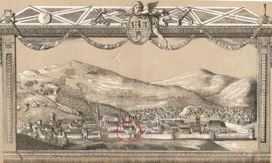 Clujul la finele secolului al XVIII-lea. Vedută publicată în Istoria Clujului scrisă de Elek Jakab (1888). În clădirea marcată cu un cerc, situată pe strada Lupilor – astăzi strada Mihail Kogălniceanu – pe locul unde se ridică în prezent clădirea centrală a Universității Babeș-Bolyai, se afla impunătorul edificiu construit pentru Academia Iezuită, spațiu în care și-a desfășurat activitatea profesorul Joseph Laffer.